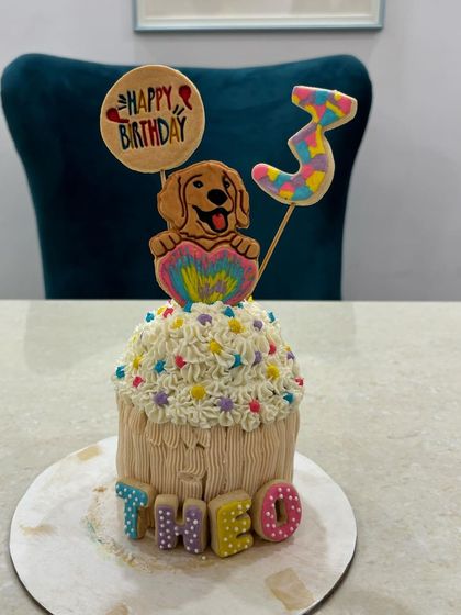 A different design for Theo, this one is a giant cupcake-shaped cake. It features a cookie portrait, his name, and his age.