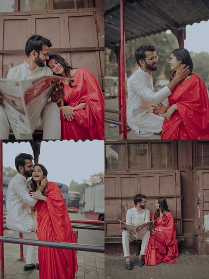 A collage of playful and tender moments from a vintage-themed shoot. From reading a newspaper together to sharing laughter, these shots capture the couple's effortless connection.