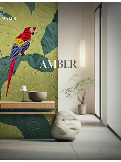 Here, a geometric version of our 'Amber' panel is used in a minimalist space. The contrast between the colorful, nature-inspired art and the subtle interior doubles the positivity of the home.
