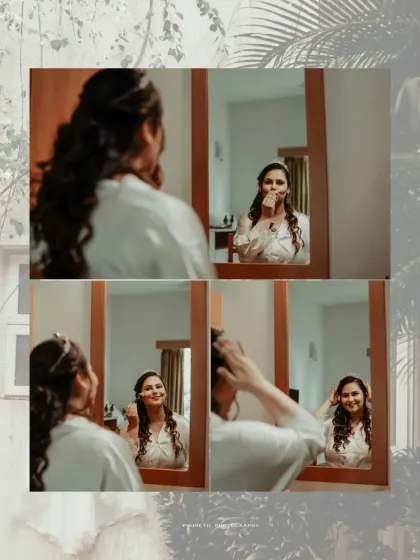 A creative collage of the bride getting ready, capturing her excitement in the mirror's reflection.