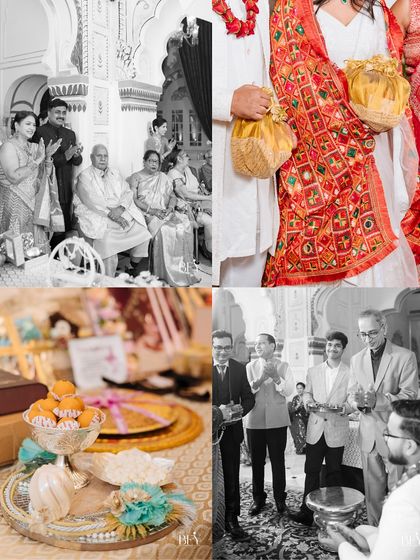 A collage of moments from a heritage engagement, showing the rituals, the decor, and the happy guests.