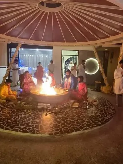 The fire pit at our Bangalore centre during an evening Havan. The space is designed to facilitate these powerful rituals in a safe and sacred manner.