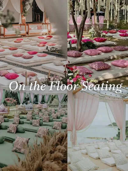 A mood board for "On the Floor Seating" with mattresses and cushions, a great option for a casual and bohemian Mehndi or Sangeet.