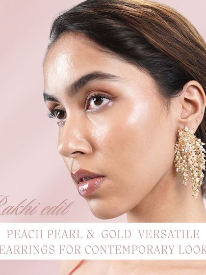 These peach, pearl, and gold earrings offer a versatile option for a contemporary Rakhi celebration.