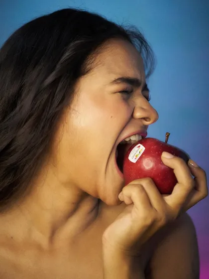 Another angle from the apple series, showing a powerful and committed expression. I give my all to every shot to ensure the brand gets a compelling image.