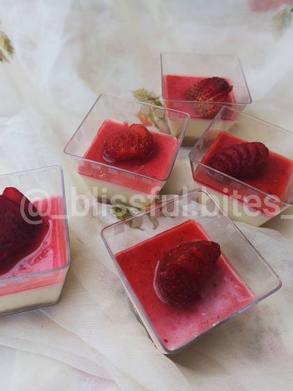 My lovely Strawberry Cheesecake dessert cups, topped with fanned strawberries. A simple, elegant, and delicious no-bake treat.