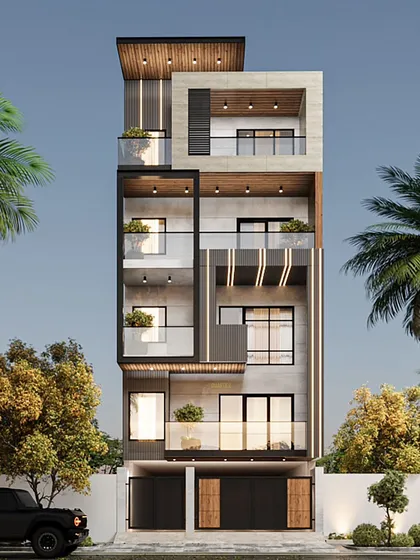 A 3D exterior design option for a duplex in Faridabad. This version features a modern theme with a strong vertical emphasis, using a mix of concrete, wood, and glass to create a sophisticated and visually striking facade.