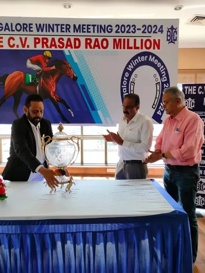 Unveiling the trophy for The C.V. Prasad Rao Million, a key photo opportunity for media and sponsors.