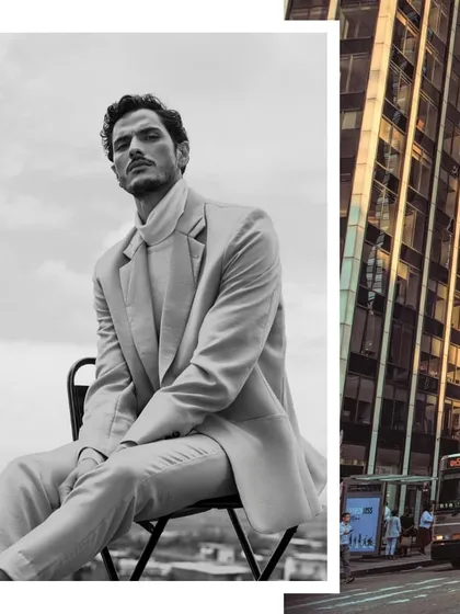 This image showcases my approach to classic menswear with a modern edge. The clean lines of the light-colored suit and turtleneck, captured in monochrome, create a look of effortless, sophisticated style for a rooftop editorial.