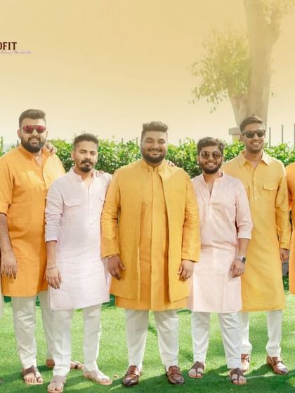 Outfitting the groom and his groomsmen for a Haldi ceremony. I used shades of yellow, orange, and pink to create a vibrant and coordinated look for the entire group.