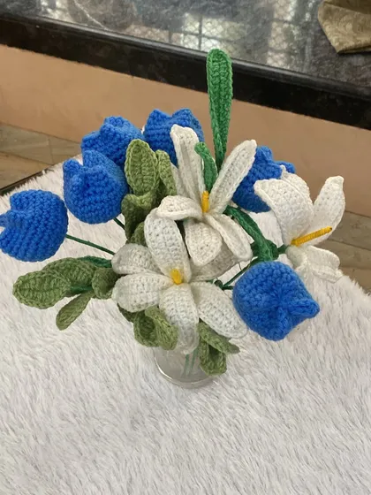This angle of the ocean blue bouquet shows the full height and volume of the flowers.