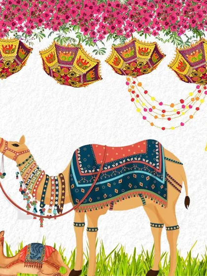 Camels are an iconic part of Rajasthan, and including them in the decor concept adds an authentic and grand touch to the mela theme.