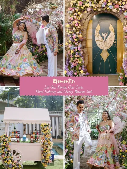 A breakdown of a pastel carnival Mehendi. This event featured life-size florals, a cherry blossom arch, a cute candy cart, and interactive game stalls for guests to enjoy.