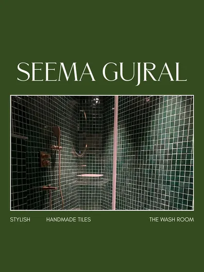 A promotional graphic for the Seema Gujral washroom, highlighting the stylish, handmade emerald green tiles that define this intimate and luxurious shower space.
