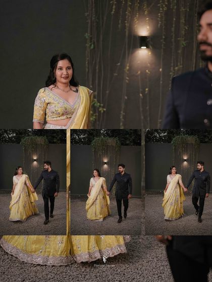 A collage showing the couple walking hand-in-hand, with a focus on the bride's beautiful yellow lehenga.