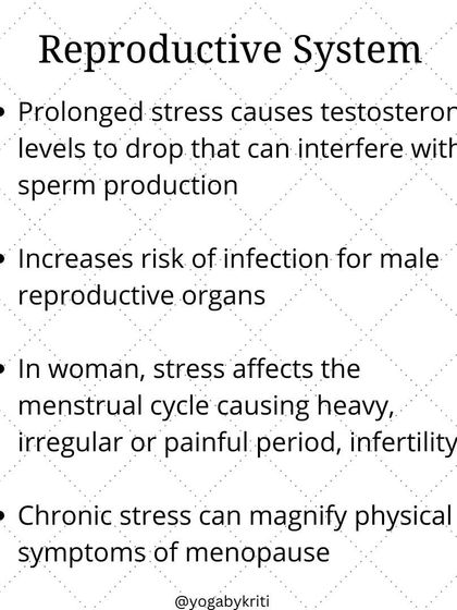 For both men and women, prolonged stress negatively impacts the reproductive system. It can affect testosterone levels, sperm production, and the menstrual cycle.