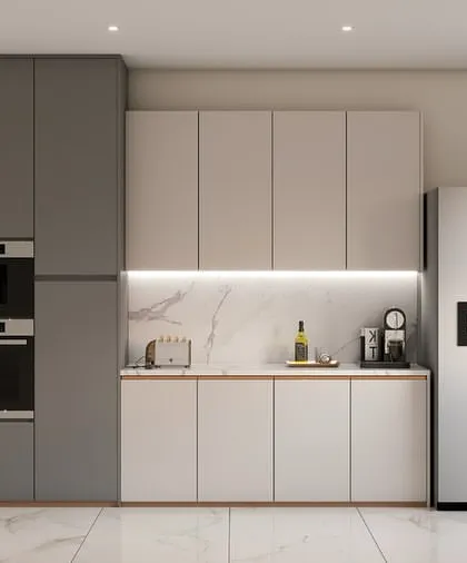 This kitchen 3D render showcases a two-tone design with grey and light-colored cabinets. The layout includes integrated appliances like a built-in oven and microwave, creating a streamlined and highly modern look.