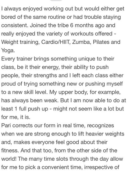 A member who struggled with consistency found her groove with us. She celebrates achieving her first push-up and appreciates the real-time form correction, even from the other side of the world.