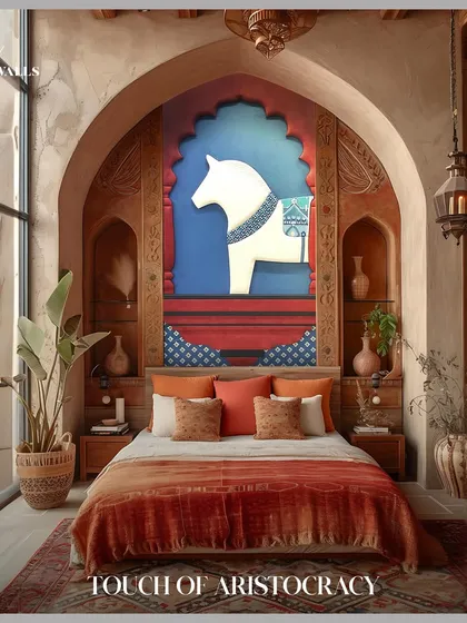 This 'Touch of Aristocracy' headboard brings traditional Indian art into a contemporary bedroom. The design features a classic horse motif, blending matte pastels with custom prints to create a feeling of grandeur and heritage.