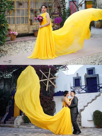 A collage showcasing a spectacular yellow gown with a long, flowing train. These shots are designed to create maximum visual impact and a true "wow" factor.