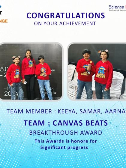 Team 'Canvas Beats' received the Breakthrough Award at the FLL Challenge. This award celebrates their significant progress and confidence in both the robot game and their innovation project.