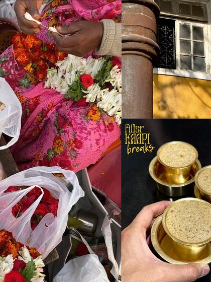 A collage from an early morning at Matunga market, featuring flower vendors, filter coffee, and the vibrant temple architecture.