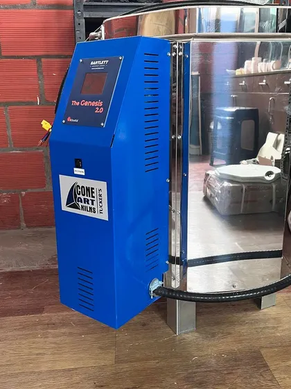 Here is Ember, fully installed in the studio against our brick wall. Its stainless steel body and advanced digital controller, The Genesis 2.0, represent the professional core of my pottery services.