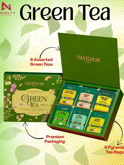 A perfect gift for the health-conscious, this Vahdam Green Tea set includes six assorted green tea blends like Chamomile Mint Citrus and Ginger Mint Green Tea, packed in pyramid tea bags for the best flavor.