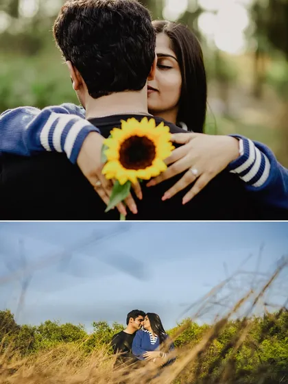 A collage showing the couple's romantic moments in a field of tall grass, including a sweet hug with a sunflower. These images capture the natural beauty and intimacy of an outdoor pre-wedding shoot.