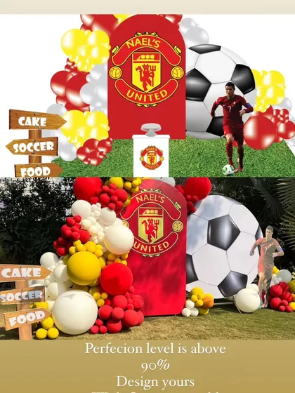 A design concept and the final execution of a Manchester United football themed party, showing our ability to bring a digital design to life perfectly.