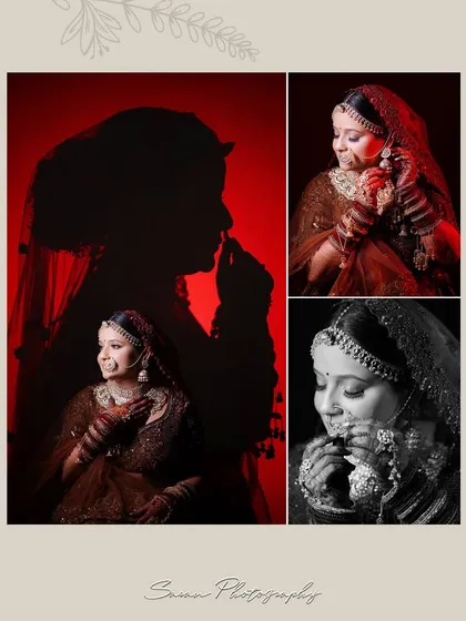 A collage of artistic bridal portraits, using silhouettes, shadows, and a mix of color and monochrome.