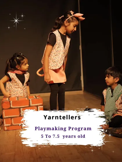A scene from our "Yarntellers" playmaking program for 5 to 7.5 year olds, where they adapted "The Three Little Pigs."
