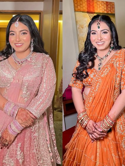Two different looks for two different functions. On the left, a soft and dewy look in pink, and on the right, a bolder, more defined look in orange. I teach how to create versatile looks for every wedding event.