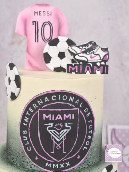 A detail shot of the hand-painted Inter Miami logo and jersey topper.