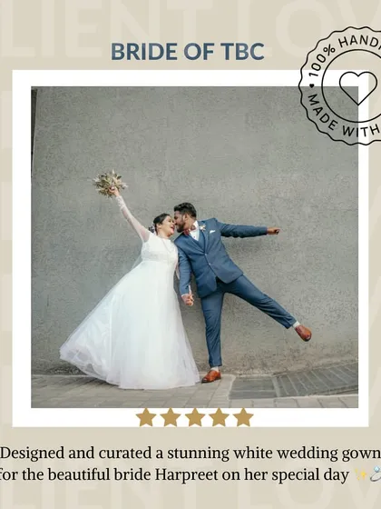Another joyful shot of Harpreet in her custom-designed white wedding gown. This handmade piece was crafted with so much love, and it shows in her smile.