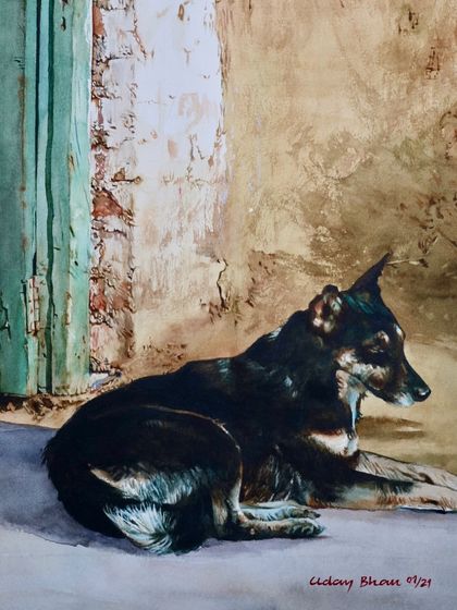A detail shot of the dog from the 2021 watercolor. Capturing the texture of the dog's fur and its relaxed posture was key to the scene's peaceful mood.