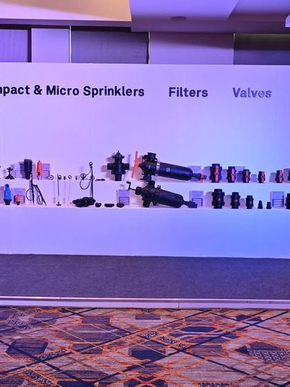 A full display of our impact and micro sprinklers, filters, and valves at the "Udgosh 2.0" event, showcasing the breadth of our product line.