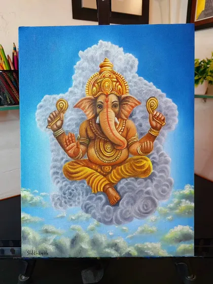 The finished 12x16 inch oil painting of Ganesh Ji, looking serene among the clouds. I'm really happy with the level of detail I was able to achieve in this piece.
