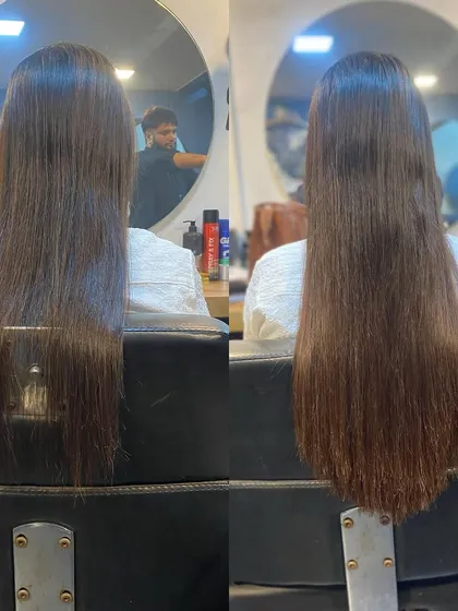 A classic length transformation in a salon setting. The 'after' photo shows a seamless blend and a significant increase in length.