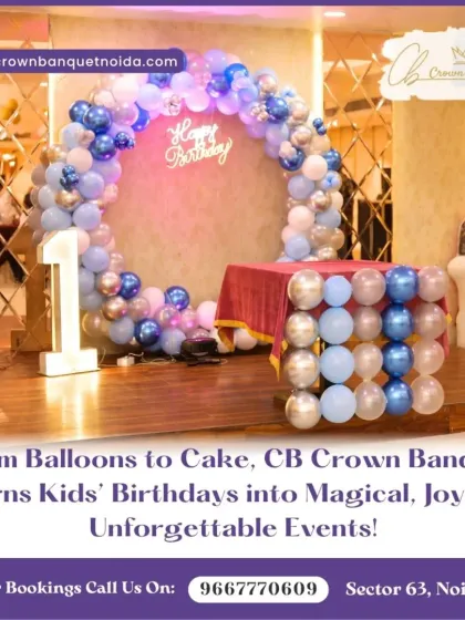 A classic first birthday balloon decoration. The circular arch in shades of blue and silver, paired with a light-up number '1', is a timeless and elegant choice for this milestone.
