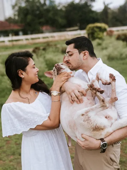 This is what pure happiness looks like. I absolutely love when you bring your furry family members to a shoot. This session in the park was filled with so much love, laughter, and puppy kisses, capturing the couple's bond with their beloved rescue dog.