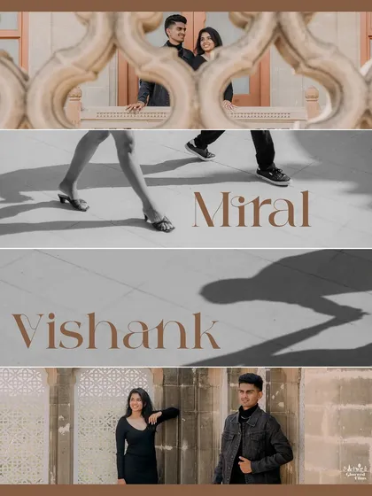 A modern, graphic-style collage from the Vijay Vilas Palace shoot. This composition uses clean lines and typography to highlight details like their shadows, footsteps, and portraits, creating a chic save-the-date design.