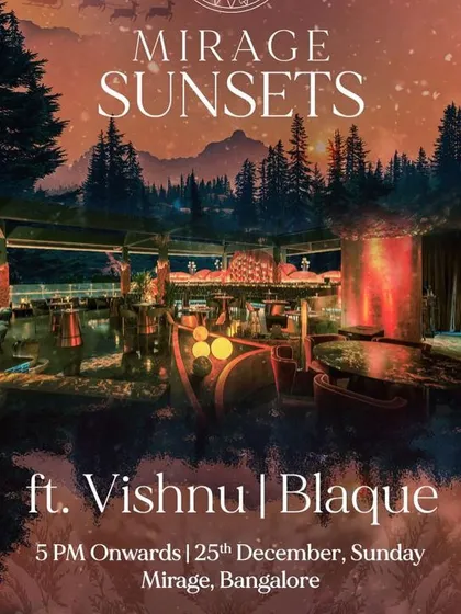 An event flyer for 'Mirage Sunsets' on Christmas Day. I curate special sets for holiday sundowners, creating a festive and relaxed atmosphere.