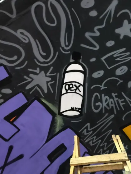 A close-up detail from the "HIPHOP INDIA" tunnel mural. The piece is filled with small hip-hop and graffiti culture references, like this stylized spray can with my "DEX" tag.