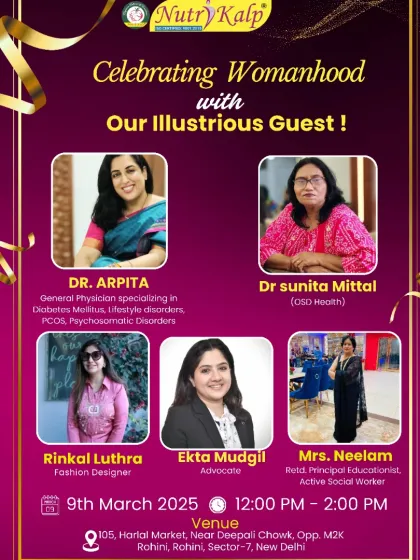 An invitation to our "Celebrating Womanhood" event, featuring illustrious guests from different fields like medicine, fashion, and law.