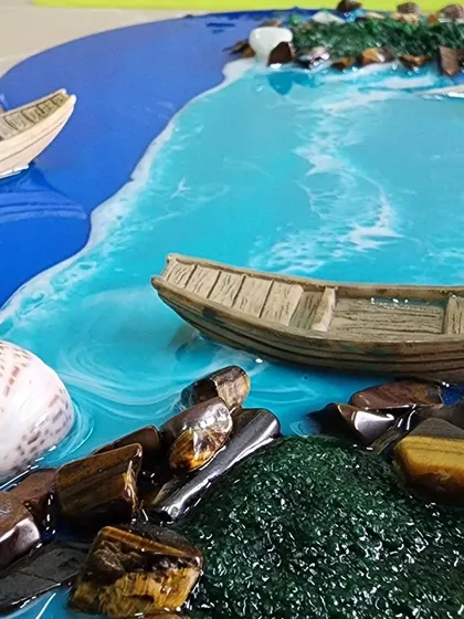 A wider view of the seascape piece, showing the different elements coming together.