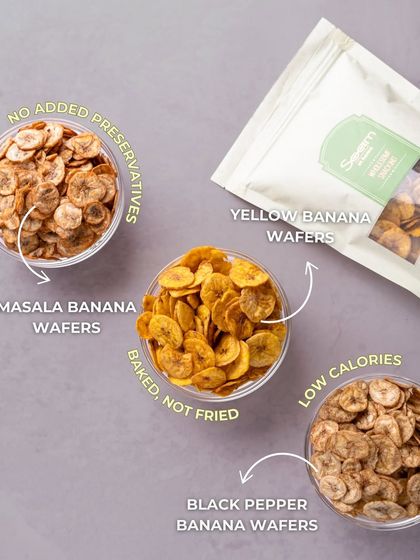 A trio of my baked banana wafers: Masala, Yellow, and Black Pepper. This image showcases the variety of flavors, all low-calorie and with no added preservatives.