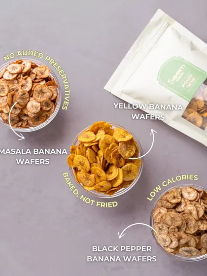 A trio of my baked banana wafers: Masala, Yellow, and Black Pepper. This image showcases the variety of flavors, all low-calorie and with no added preservatives.