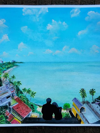 A client wanted to immortalize a precious memory in Goa. Using watercolors, I recreated the serene coastal view, turning their personal moment into a piece of art for their home.