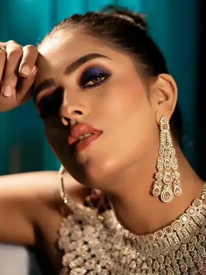 A stylish bridal portrait with dramatic blue and white lighting. This creative lighting setup is perfect for a modern, edgy bridal look.